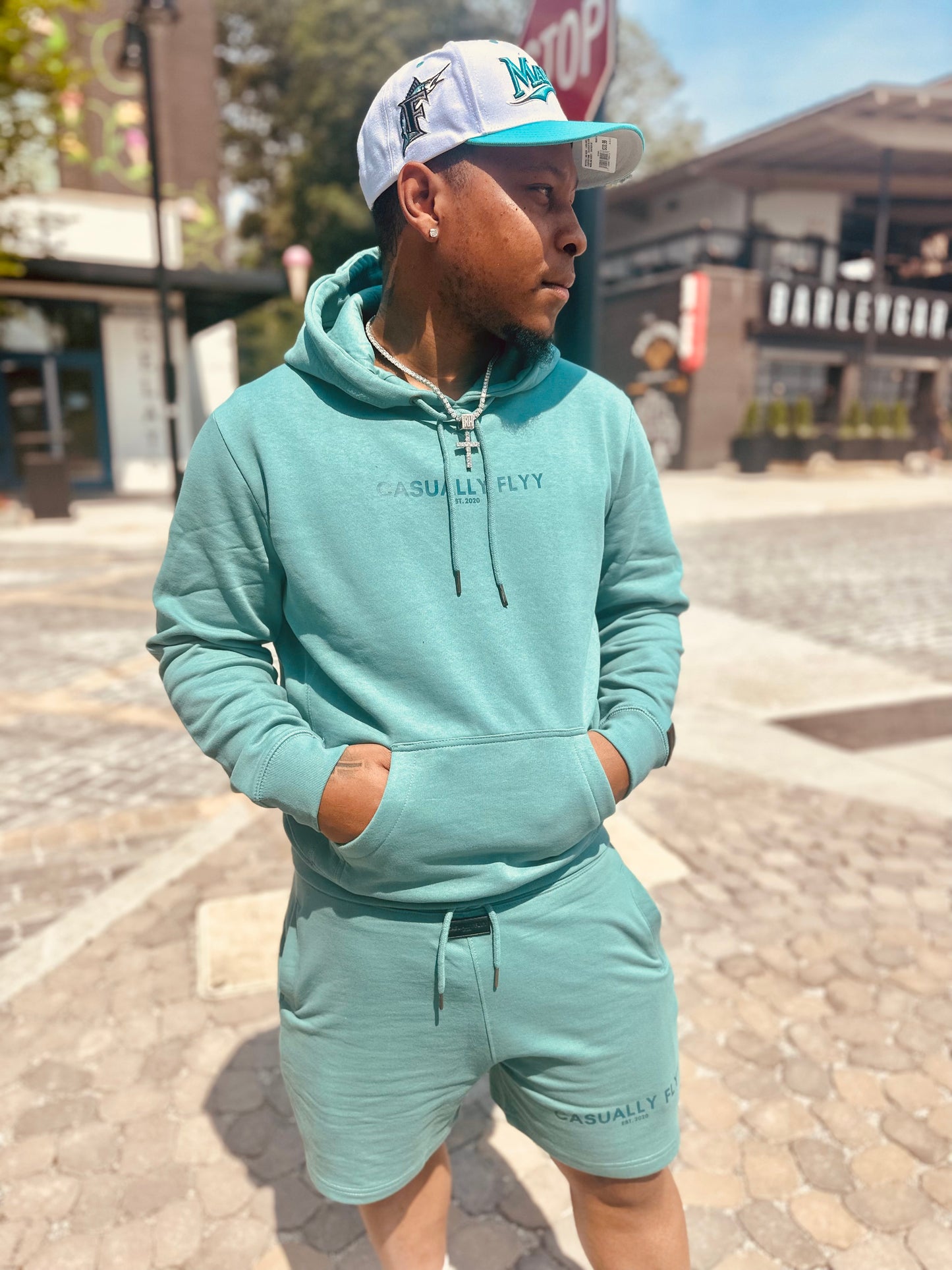 100% Cotton Hoodie & Short  Color Aqua  Stay fresh and comfy with this 100% cotton hoodie & short set! It's the perfect two-in-one outfit for lounging around, getting your workout in, or just living your best life. Mix & match; the possibilities are endless. 