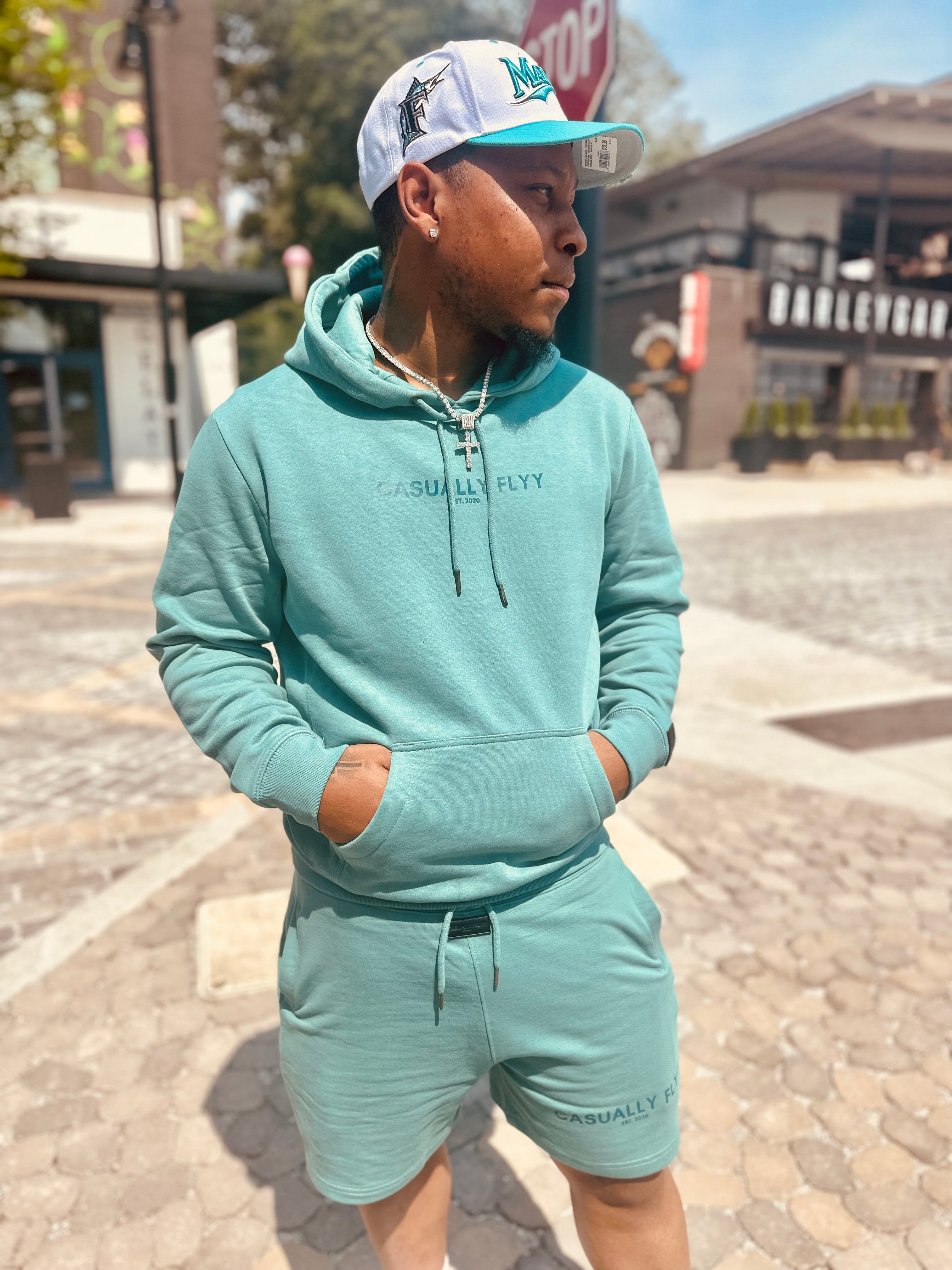 100% Cotton Hoodie & Short  Color Aqua  Stay fresh and comfy with this 100% cotton hoodie & short set! It's the perfect two-in-one outfit for lounging around, getting your workout in, or just living your best life. Mix & match; the possibilities are endless. 